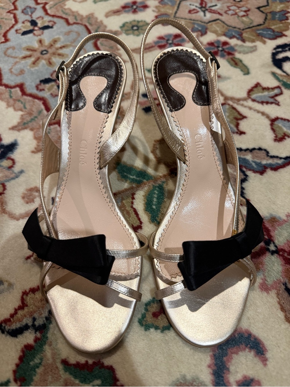 Chloe Metallic Slingback Heels with Black Bow - size 38 - Picture 2 of 5